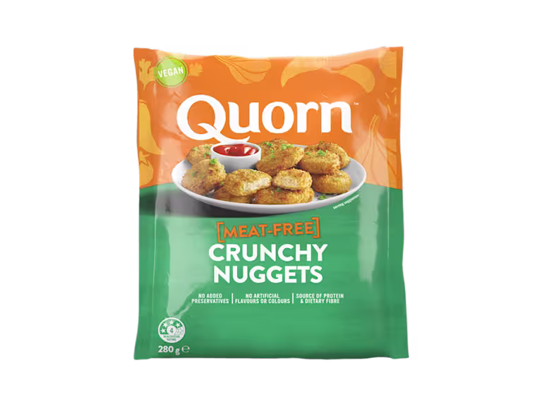 Quorn Vegan Crunchy Nuggets packaging with nutritional information.
