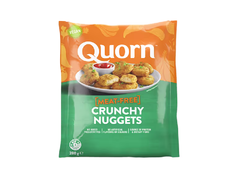 Quorn Vegan Crunchy Nuggets packaging with nutritional information.