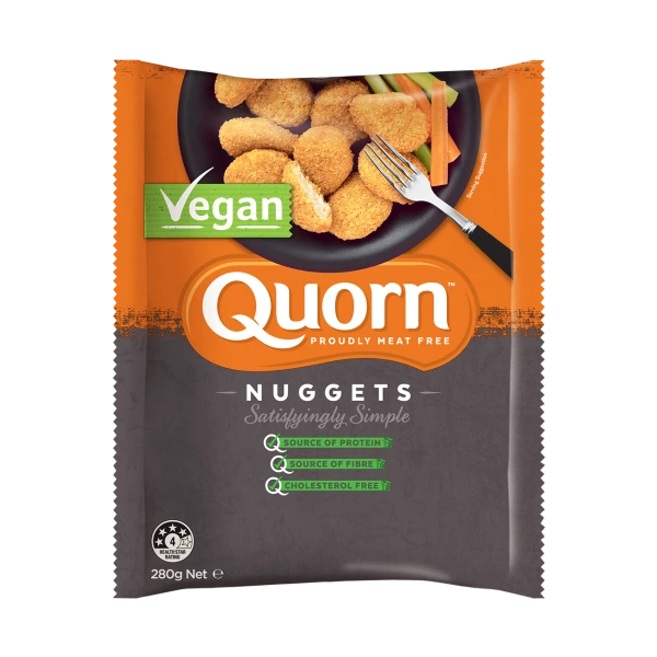 Quorn Vegan Crunchy Nuggets packaging with nutritional information.