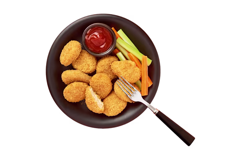 Quorn Vegan Crunchy Nuggets packaging with nutritional information.