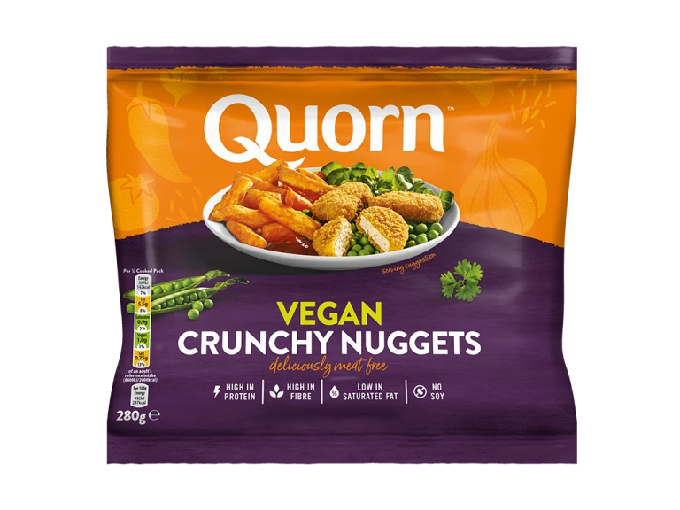 Quorn Vegan Crunchy Nuggets packaging with nutritional information.