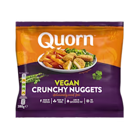 Quorn Vegan Crunchy Nuggets packaging with nutritional information.