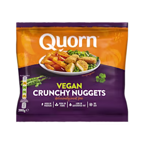 Quorn Vegan Crunchy Nuggets packaging with nutritional information.