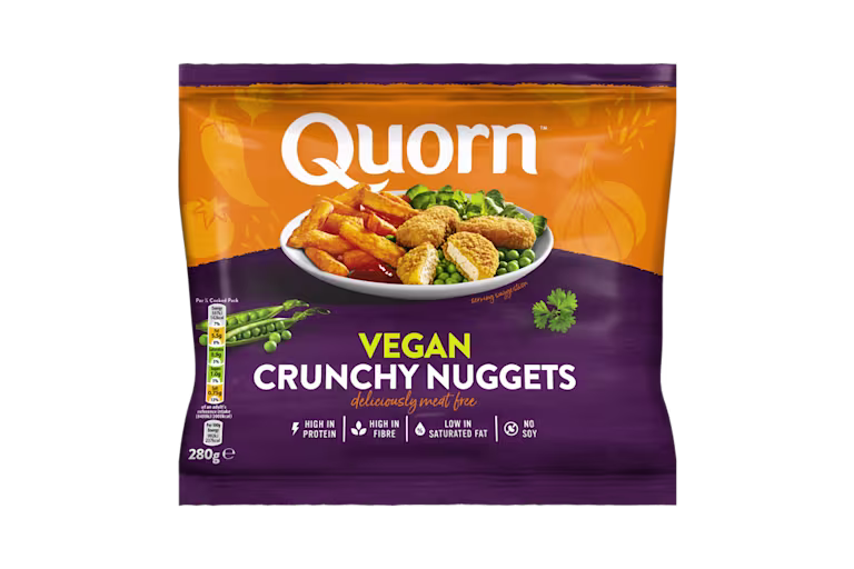Quorn Vegan Crunchy Nuggets packaging with nutritional information.