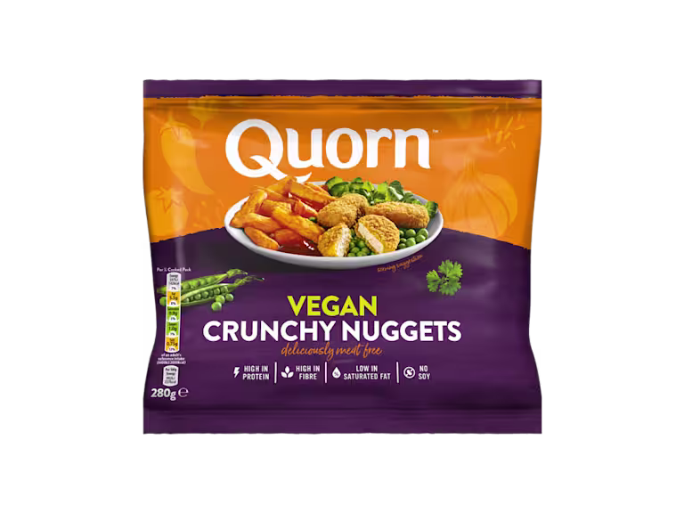 Quorn Vegan Crunchy Nuggets packaging with nutritional information.