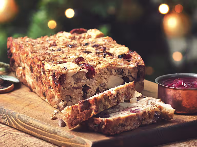 Quorn Pieces Vegetarian Meatloaf With Chestnut and Cranberries visible sliced to show the filling.
