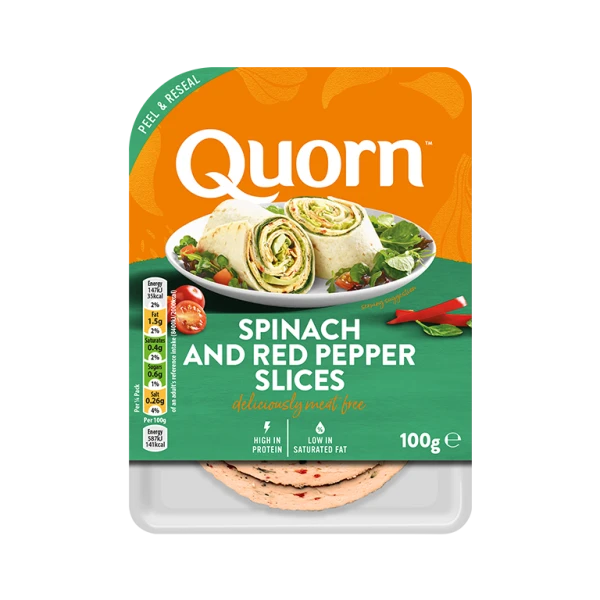 Meat free Quorn Spinach and Red Pepper Slices product packaging with nutritional information