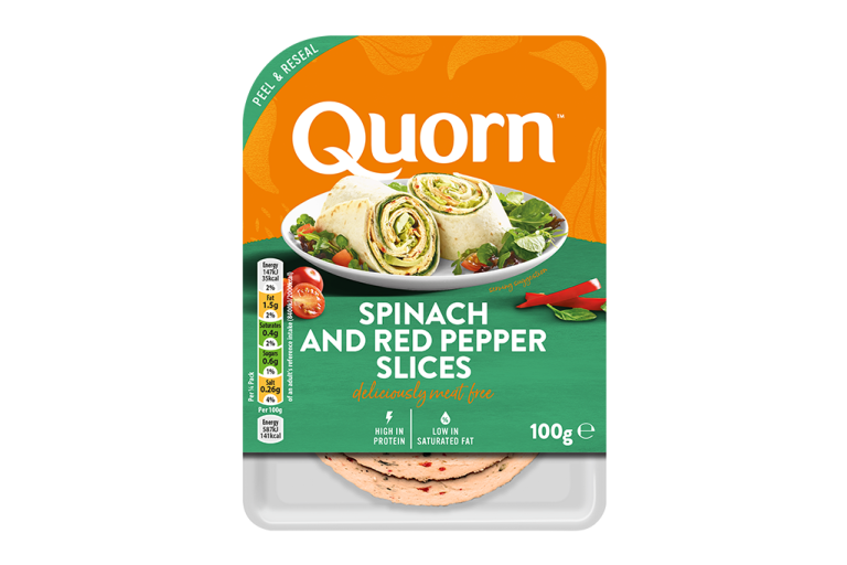Meat free Quorn Spinach and Red Pepper Slices product packaging with nutritional information