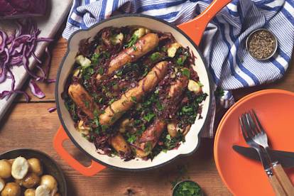 quorn bratswurst sausages & red cabbage one-pan skillet vegetarian recipe