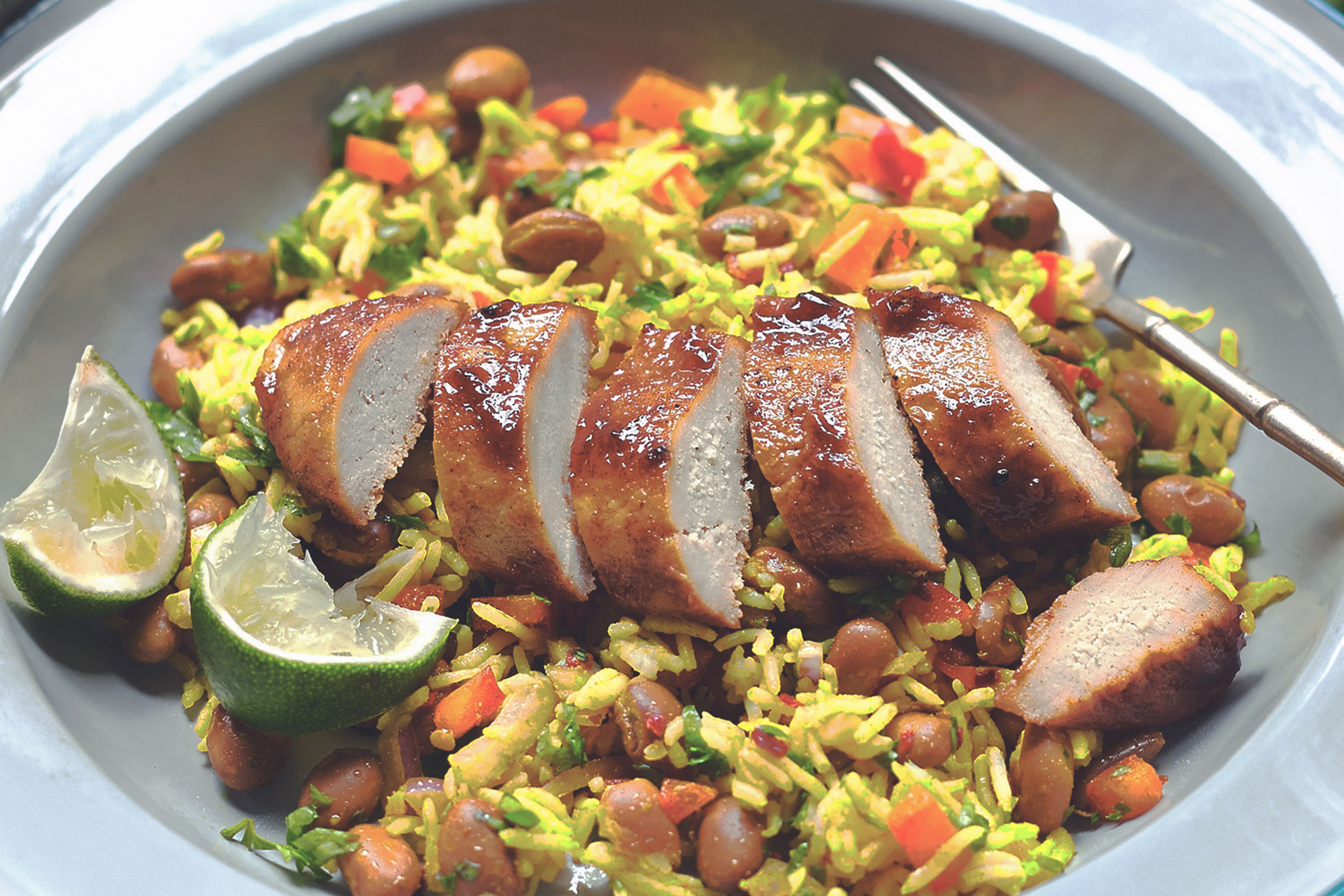 caribbean jerk quorn fillets recipe with rice vegetarian recipe