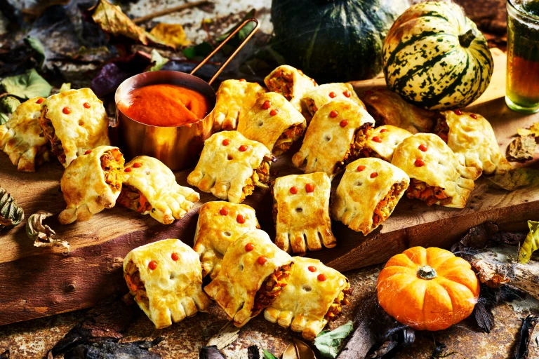 Mini sausage rolls filled with Quorn Cocktail Sausages decorated to look like little ghosts with a tomato dip.