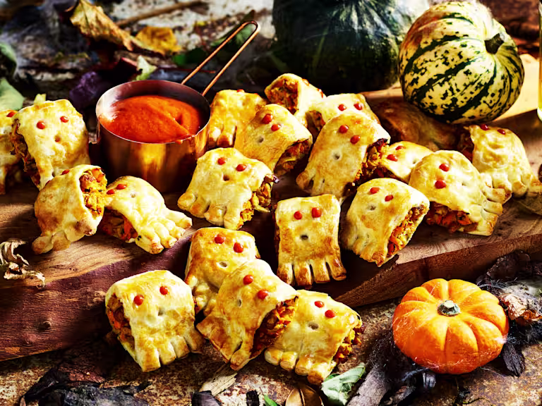 Mini sausage rolls filled with Quorn Cocktail Sausages decorated to look like little ghosts with a tomato dip.