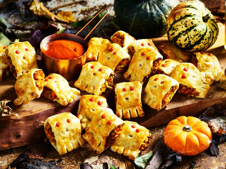 Mini sausage rolls filled with Quorn Cocktail Sausages decorated to look like little ghosts with a tomato dip.