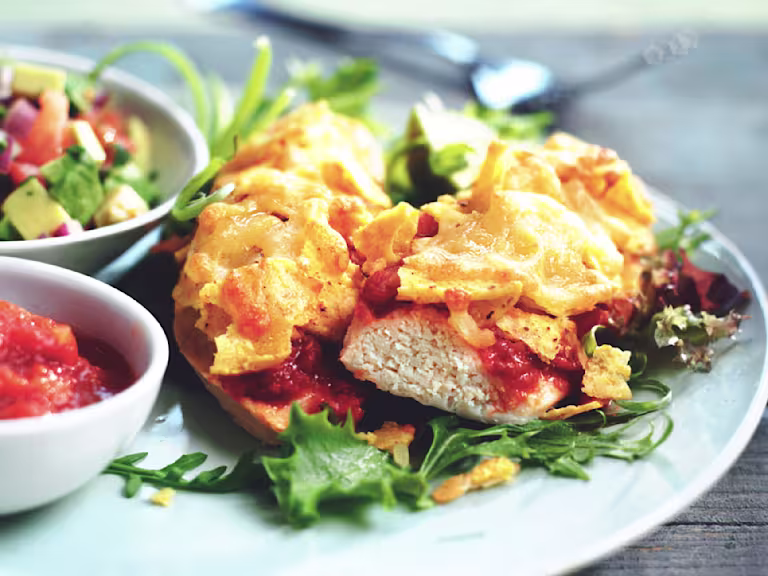 Quorn Vegetarian Fillet Nachos with salsa and cheese, served on a plate