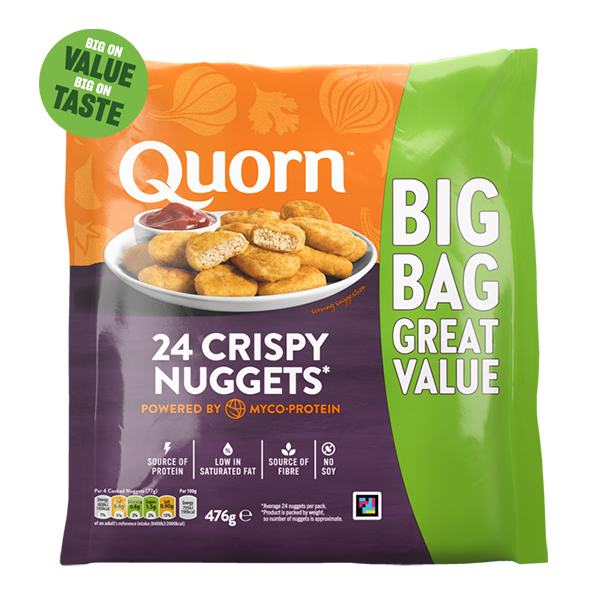 A bag of Quorn Crispy Nuggets showing the prepared product and information on an orange and green background.