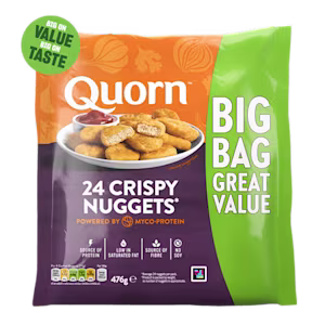 A bag of Quorn Crispy Nuggets showing the prepared product and information on an orange and green background.