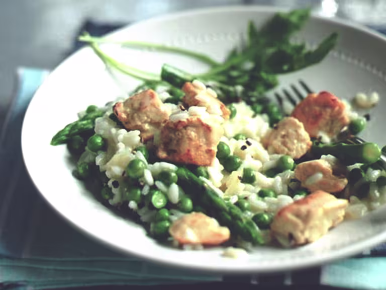 quorn pieces, asparagus and pea risotto vegetarian recipe
