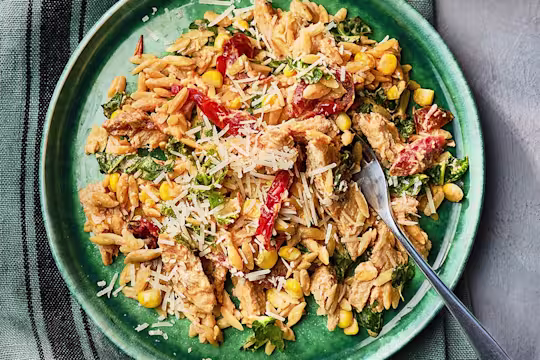 Orzo pasta in a creamy sauce with Quorn Vegetarian Fillets, sundried tomatoes, sweetcorn, kale, and parmesan cheese with a fork on the side.