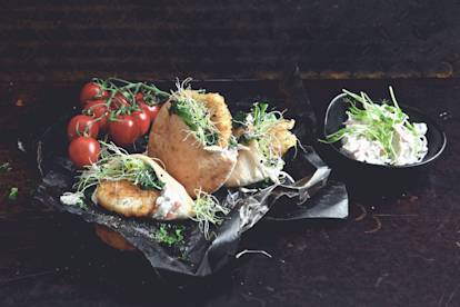 pita bread stuffed with quorn escalopes with mozzarella & pesto and coleslaw vegetarian recipe