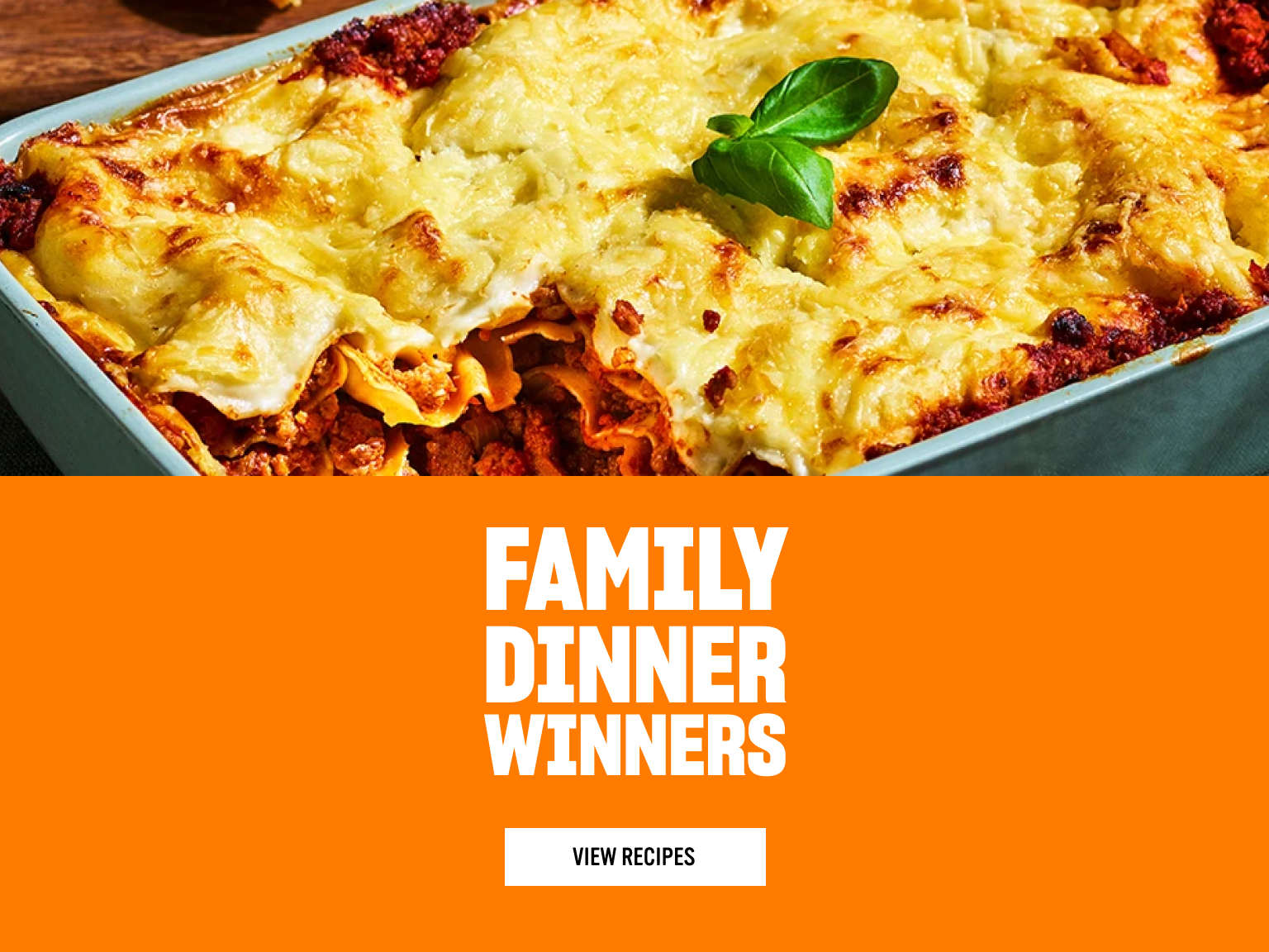 Family dinner winners. Picture of Cottage Pie with a button to click View Recipes.