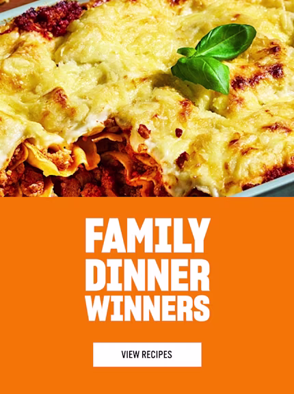Family dinner winners. Picture of Cottage Pie with a button to click View Recipes.