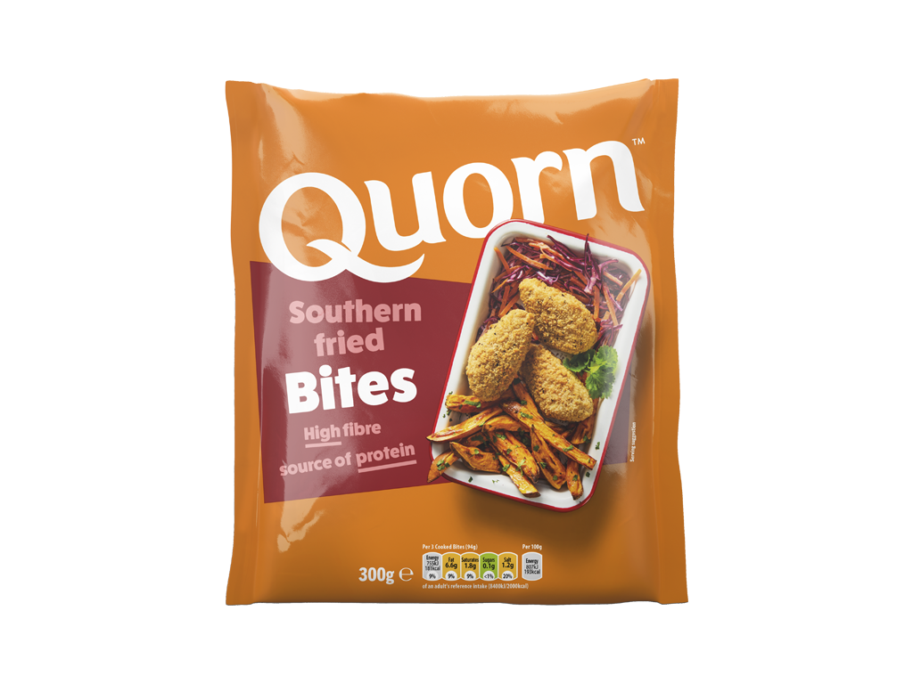 A bag of Quorn Southern Fried Bites showing the prepared product and information on an orange and charcoal background.