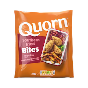 A bag of Quorn Southern Fried Bites showing the prepared product and information on an orange and charcoal background.