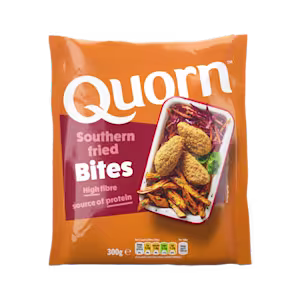 A bag of Quorn Southern Fried Bites showing the prepared product and information on an orange and charcoal background.