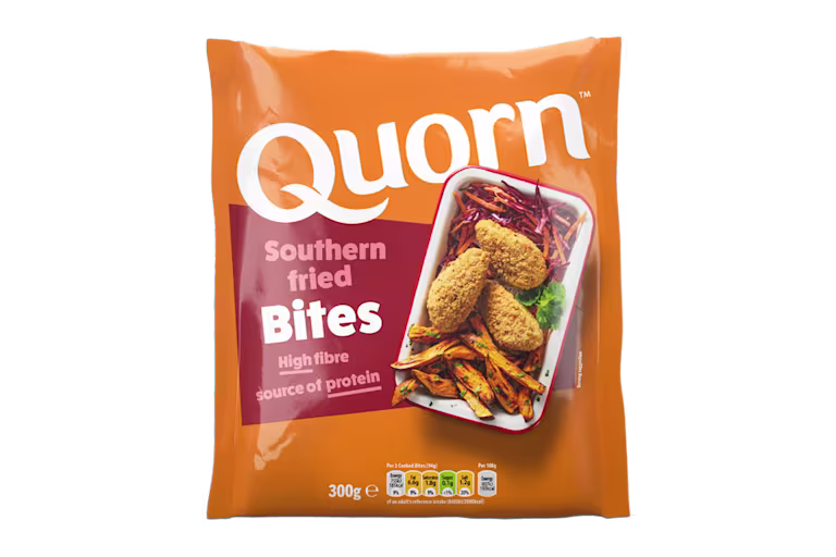 A bag of Quorn Southern Fried Bites showing the prepared product and information on an orange and charcoal background.