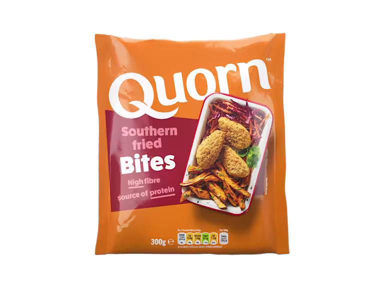 A bag of Quorn Southern Fried Bites showing the prepared product and information on an orange and charcoal background.