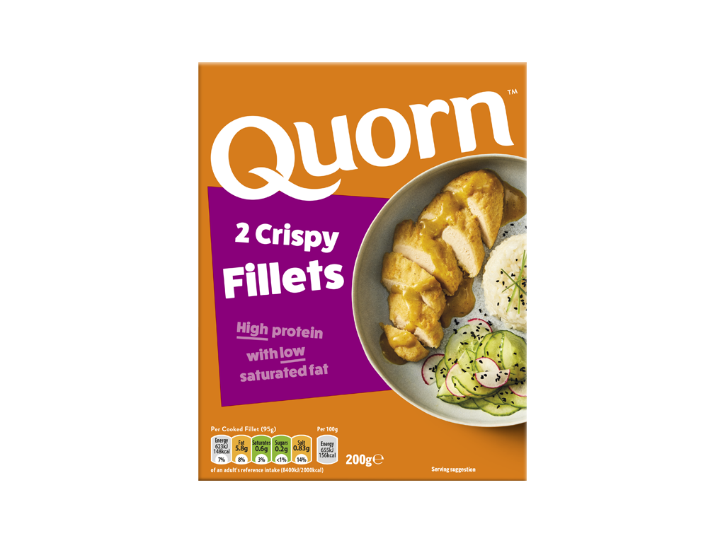 A box of Quorn Crispy Fillets showing the prepared product and information on an orange and charcoal background.