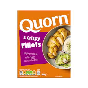 A box of Quorn Crispy Fillets showing the prepared product and information on an orange and charcoal background.