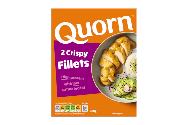 A box of Quorn Crispy Fillets showing the prepared product and information on an orange and charcoal background.