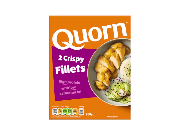 A box of Quorn Crispy Fillets showing the prepared product and information on an orange and charcoal background.
