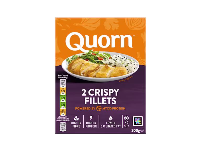 A box of Quorn Crispy Fillets showing the prepared product and information on an orange and charcoal background.