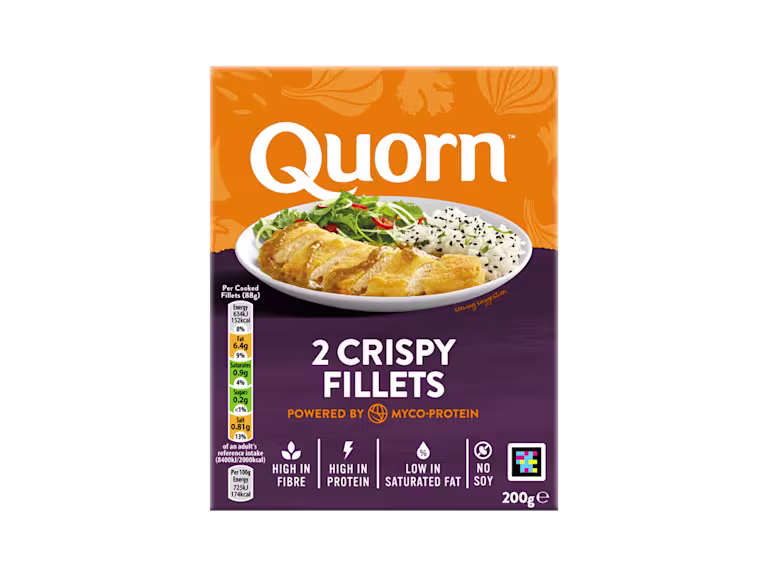 A box of Quorn Crispy Fillets showing the prepared product and information on an orange and charcoal background.