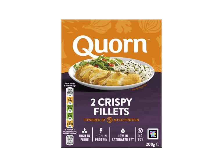 A box of Quorn Crispy Fillets showing the prepared product and information on an orange and charcoal background.