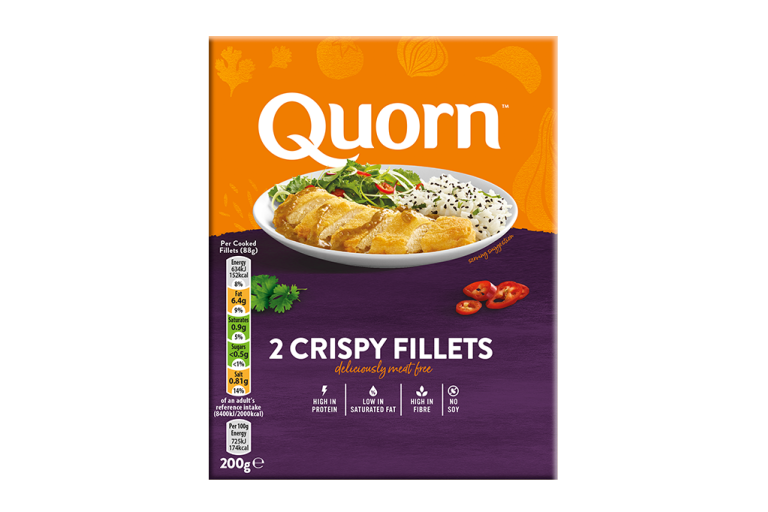 A box of Quorn Crispy Fillets showing the prepared product and information on an orange and charcoal background.