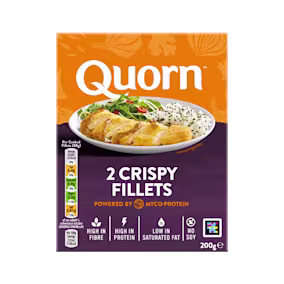 A box of Quorn Crispy Fillets showing the prepared product and information on an orange and charcoal background.