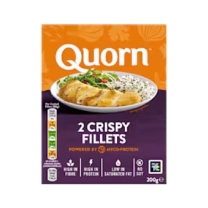 A box of Quorn Crispy Fillets showing the prepared product and information on an orange and charcoal background.