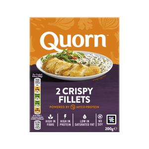 A box of Quorn Crispy Fillets showing the prepared product and information on an orange and charcoal background.