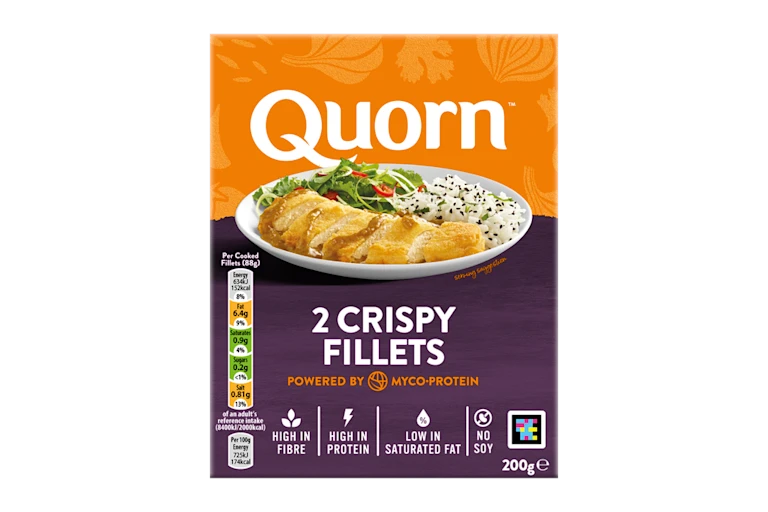 A box of Quorn Crispy Fillets showing the prepared product and information on an orange and charcoal background.