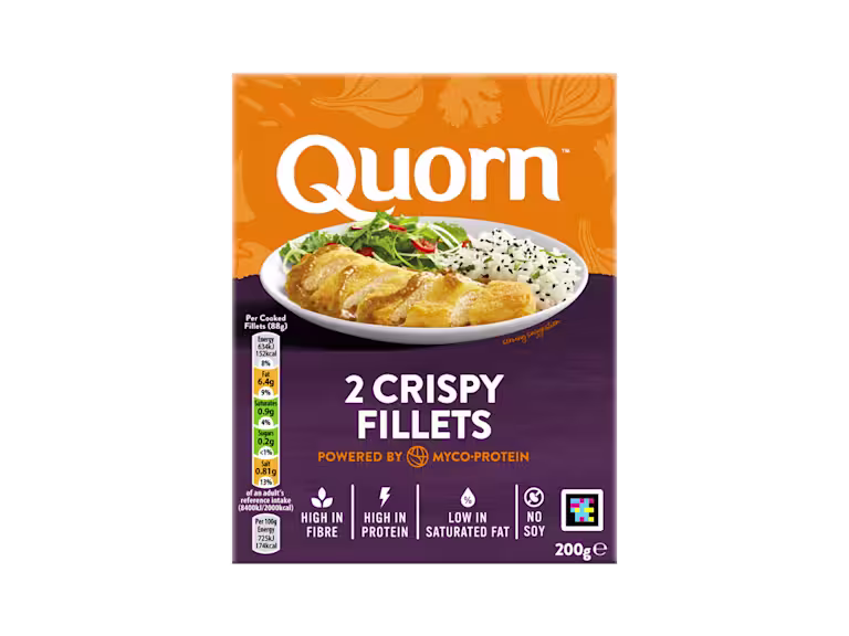 A box of Quorn Crispy Fillets showing the prepared product and information on an orange and charcoal background.