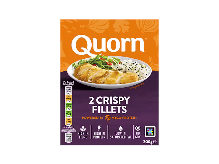A box of Quorn Crispy Fillets showing the prepared product and information on an orange and charcoal background.