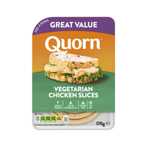 Meat free Quorn Vegetarian Chicken Slices product packaging with nutritional information