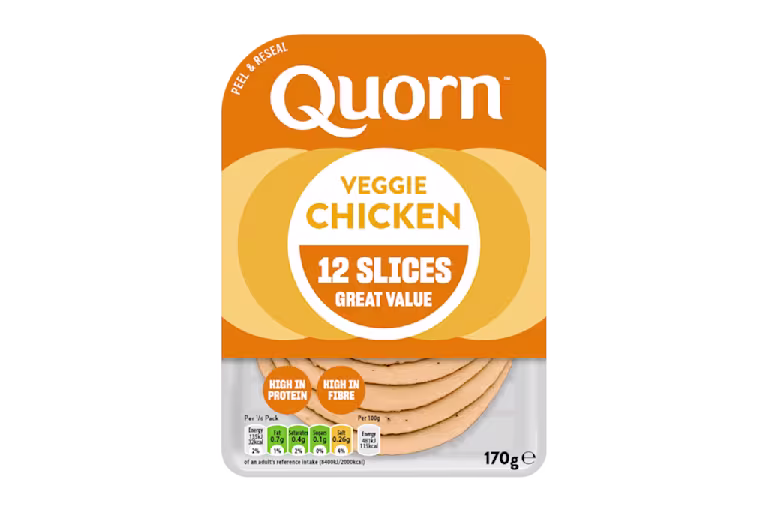 Meat free Quorn Vegetarian Chicken Slices product packaging with nutritional information