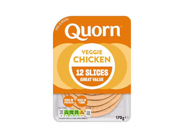 Meat free Quorn Vegetarian Chicken Slices product packaging with nutritional information