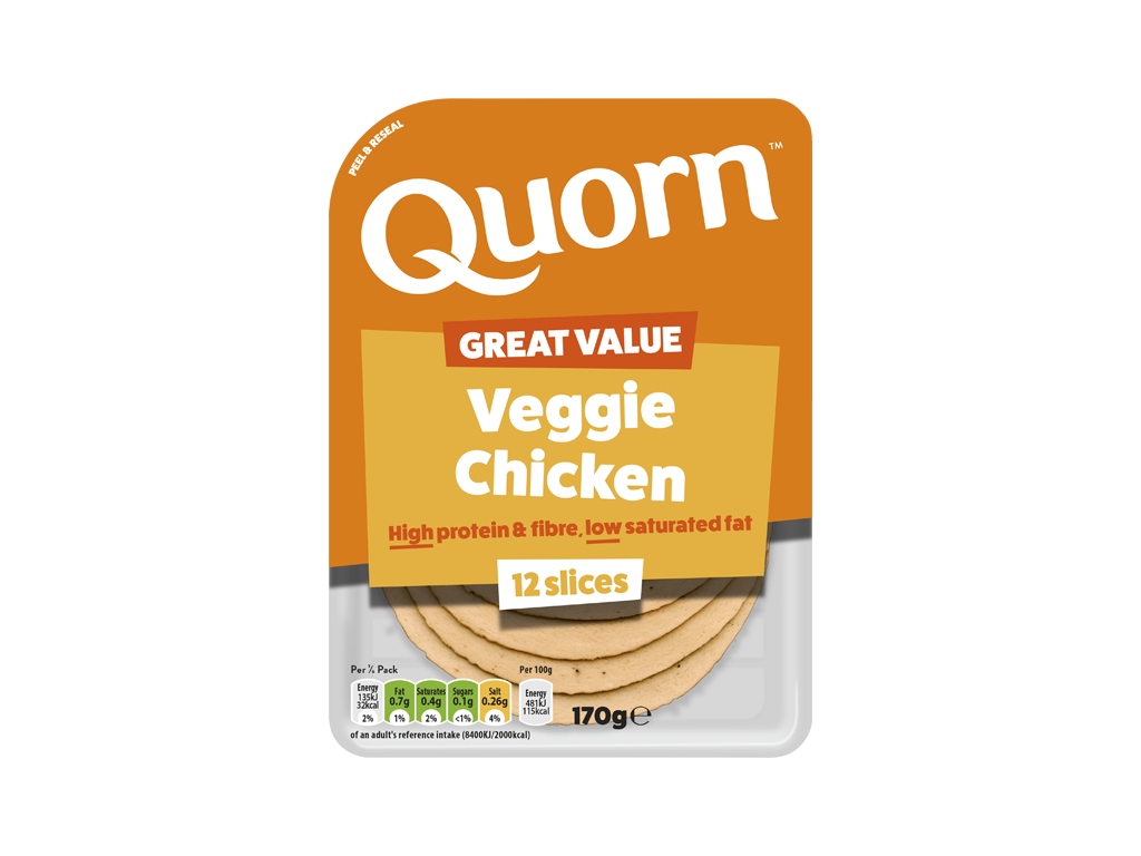 Meat free Quorn Vegetarian Chicken Slices product packaging with nutritional information