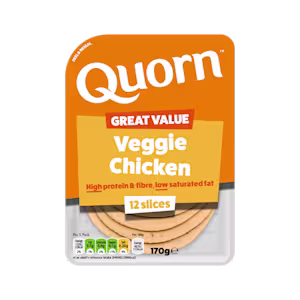 Meat free Quorn Vegetarian Chicken Slices product packaging with nutritional information