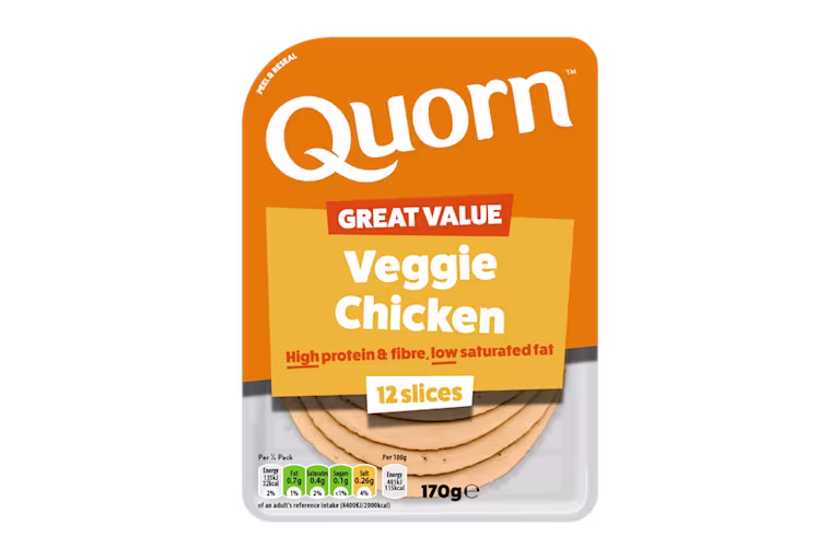 Meat free Quorn Vegetarian Chicken Slices product packaging with nutritional information